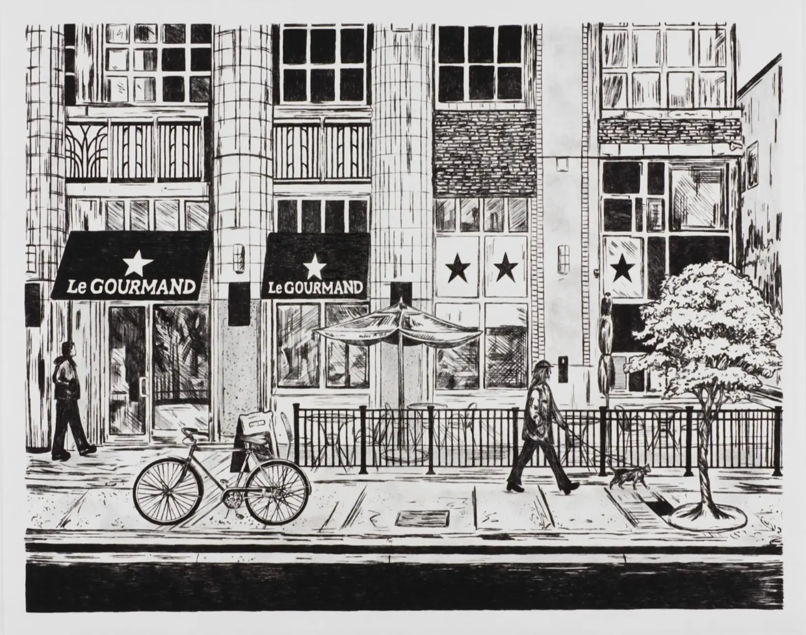 Ink sketch of the Le GOURMAND café exterior on a Toronto street